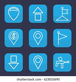 Marker icon. set of 9 outline marker icons such as flag, location pin, location, arrow up, arrow down, dollar location