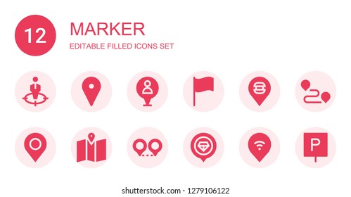 marker icon set. Collection of 12 filled marker icons included Position, Placeholder, Pin, Flag, Map, Location, Track, Parking