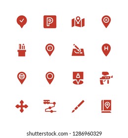 marker icon set. Collection of 16 filled marker icons included Map book, Pen, Track, Direction, Paintball, Gps, Placeholder, Location, Route, Pencil case, Parking