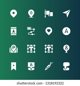 marker icon set. Collection of 16 filled marker icons included Position, Pen, Gps, Bookmark, Pin, Text editor, Placeholder, Navigation, Location, Track, Navigator, Flag