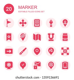 marker icon set. Collection of 20 filled marker icons included Flag, Direction, Gps, Pen, Placeholder, Bookmark, Map, Underline, Eraser, Location, Colours, Erase