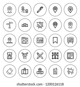 Marker icon set. collection of 25 outline marker icons with bookmark, direction, directions, eraser, location, map, gps, maps, nationality, pen, pin icons. editable icons.