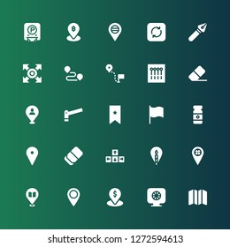 marker icon set. Collection of 25 filled marker icons included Map, Colours, Placeholder, Location, Direction, Eraser, Paint tube, Flag, Bookmark, Parking, Pins, Track, Pen, Refresh