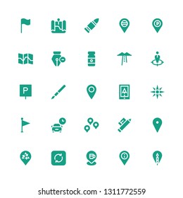 marker icon set. Collection of 25 filled marker icons included Location, Placeholder, Pin, Refresh, Marker, Parking, Flag, Navigation, Pen, Position, Route, Paint tube, Map, Bullet