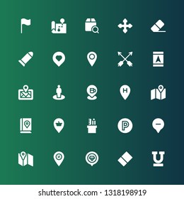 marker icon set. Collection of 25 filled marker icons included Underline, Eraser, Placeholder, Map, Location, Parking, Pencil case, Map book, Pin, Digital map, Gps, Arrows, Bullet