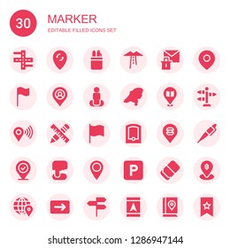 marker icon set. Collection of 30 filled marker icons included Street, Pin, Pencil case, Route, Erase, Flag, Placeholder, Position, Map, Pen, Gps, Parking, Eraser, Location, Direction