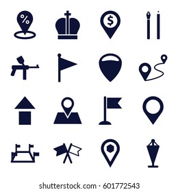 marker icons set. Set of 16 marker filled icons such as flag, location pin, distance, location, map location, crown, paintball, pen