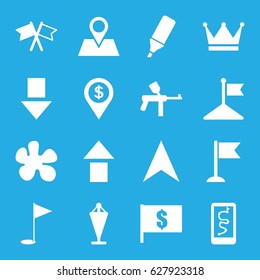 Marker icons set. set of 16 marker filled icons such as flag, navigation arrow, location pin, highlighter, gold flag, crown, dollar location, paintball, flag with dollar