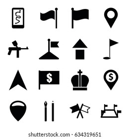 Marker icons set. set of 16 marker filled icons such as flag, navigation arrow, gold flag, locations, crown, paintball, location, pen, flag with dollar, arrow up