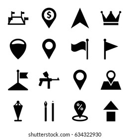 Marker icons set. set of 16 marker filled icons such as flag, navigation arrow, location pin, locations, crown, paintball, location, pen