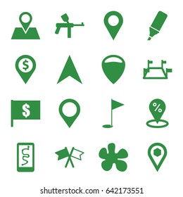 Marker icons set. set of 16 marker filled icons such as navigation arrow, location pin, location, highlighter, flag, gold flag, map location, paintball, flag with dollar