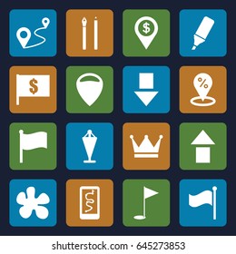 Marker icons set. set of 16 marker filled icons such as flag, distance, highlighter, gold flag, crown, dollar location, paintball, location, pen, flag with dollar