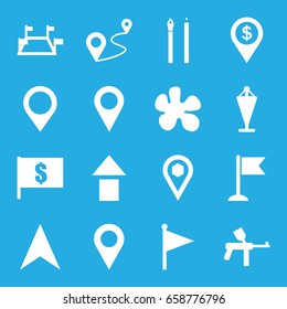 Marker icons set. set of 16 marker filled icons such as flag, navigation arrow, distance, location, map location, location pin, paintball, pen, flag with dollar