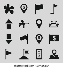 Marker icons set. set of 16 marker filled icons such as flag, location pin, gold flag, locations, dollar location, paintball, flag with dollar, arrow up, arrow down