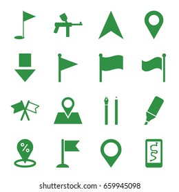 Marker icons set. set of 16 marker filled icons such as flag, navigation arrow, location pin, highlighter, gold flag, map location, paintball, pen, arrow down