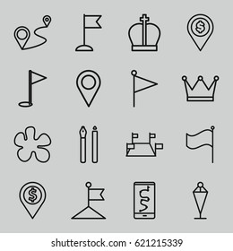 Marker icons set. set of 16 marker outline icons such as flag, distance, location pin, gold flag, pen, crown, dollar location, route and phone, paintball