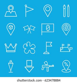 Marker icons set. set of 16 marker outline icons such as flag, location pin, location, flag with dollar, sale location, pen, crown, arrow down