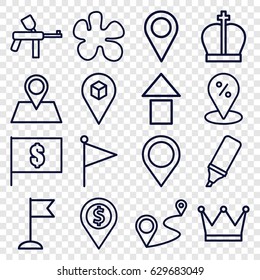 Marker icons set. set of 16 marker outline icons such as flag, location pin, distance, location, highlighter, flag with dollar, crown, arrow up