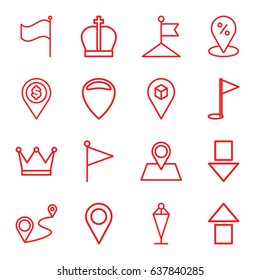 Marker icons set. set of 16 marker outline icons such as flag, location pin, distance, location, gold flag, crown, arrow up
