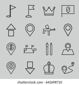 Marker icons set. set of 16 marker outline icons such as flag, location pin, distance, map location, gold flag, flag with dollar, pen, crown, dollar location, arrow up