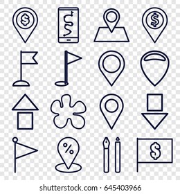 Marker icons set. set of 16 marker outline icons such as flag, location pin, map location, gold flag, flag with dollar, pen, arrow up, arrow down, route and phone