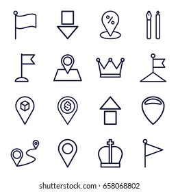 Marker icons set. set of 16 marker outline icons such as flag, location pin, distance, location, pen, crown, arrow up