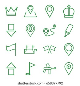Marker icons set. set of 16 marker outline icons such as location pin, distance, location, flag, highlighter, map location, gold flag, crown, arrow up, arrow down