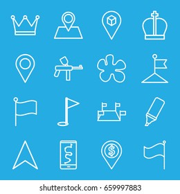 Marker icons set. set of 16 marker outline icons such as flag, navigation arrow, location pin, location, highlighter, gold flag, crown, dollar location, route and phone