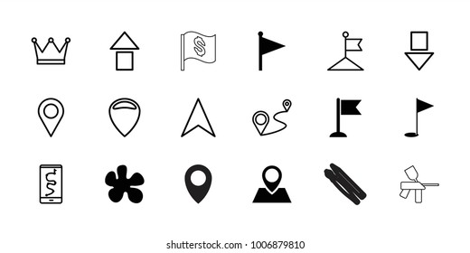 Marker icons. set of 18 editable filled and outline marker icons: paintball, flag, gold flag, location, arrow up, arrow down, route and phone, navigation arrow, distance