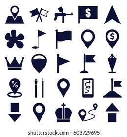 Marker icons set. set of 25 marker filled icons such as flag, navigation arrow, location pin, distance, gold flag, map location, crown, paintball, pen, flag with dollar