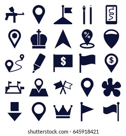 Marker icons set. set of 25 marker filled icons such as flag, navigation arrow, location pin, distance, location, highlighter, map location, crown, paintball, pen