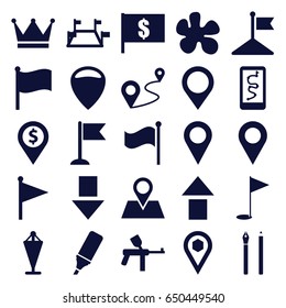 Marker icons set. set of 25 marker filled icons such as flag, location pin, distance, location, highlighter, gold flag, map location, crown, paintball, pen, flag with dollar
