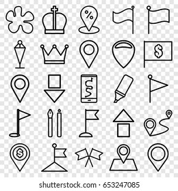Marker icons set. set of 25 marker outline icons such as flag, location pin, distance, highlighter, map location, gold flag, flag with dollar, pen, crown, arrow up, arrow down