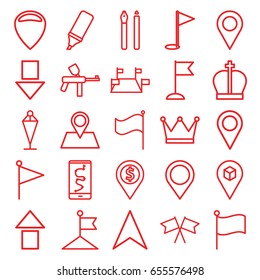 Marker icons set. set of 25 marker outline icons such as flag, navigation arrow, location pin, location, highlighter, map location, gold flag, pen, crown, arrow up, arrow down