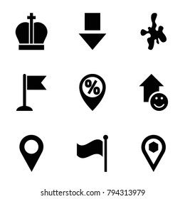 Marker icons. set of 9 editable filled marker icons such as arrow down, flag, location, crown, location pin, sale location, paintball