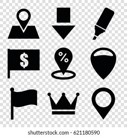 Marker icons set. set of 9 marker filled icons such as location pin, highlighter, map location, flag, crown, flag with dollar