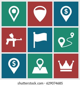 Marker icons set. set of 9 marker filled icons such as location pin, distance, location, flag, crown, dollar location