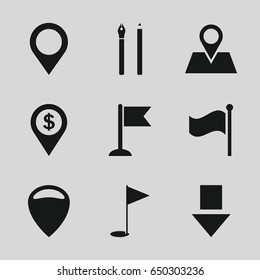 Marker icons set. set of 9 marker filled icons such as flag, location pin, gold flag, map location, pen