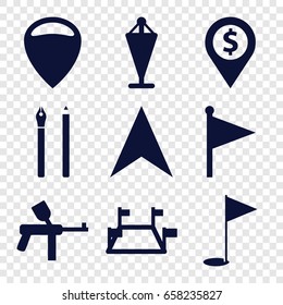 Marker icons set. set of 9 marker filled icons such as flag, navigation arrow, gold flag, locations, paintball, location, pen