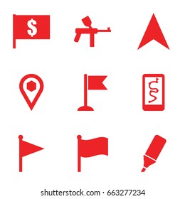 Marker icons set. set of 9 marker filled icons such as flag, navigation arrow, location, highlighter, paintball, flag with dollar