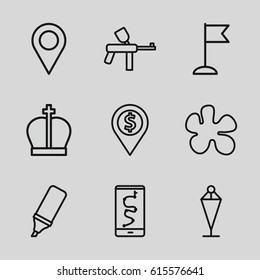 Marker icons set. set of 9 marker outline icons such as flag, highlighter, location, crown, dollar location, route and phone