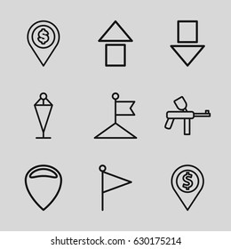 Marker icons set. set of 9 marker outline icons such as flag, dollar location, arrow up, arrow down, paintball