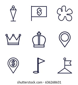 Marker icons set. set of 9 marker outline icons such as flag, map location, gold flag, flag with dollar, crown, dollar location