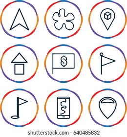 Marker icons set. set of 9 marker outline icons such as navigation arrow, location, gold flag, flag with dollar, arrow up, route and phone, paintball