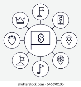 Marker icons set. set of 9 marker outline icons such as flag, gold flag, location, flag with dollar, crown, dollar location