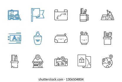 marker icons set. Collection of marker with geolocalization, map, gps, placeholder, pencil case, highlighter, text editor, position, flag. Editable and scalable marker icons.