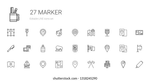 marker icons set. Collection of marker with gps, flags, pin, map, placeholder, flag, stapler, correction fluid, pen, route, highlighter, location. Editable and scalable marker icons.