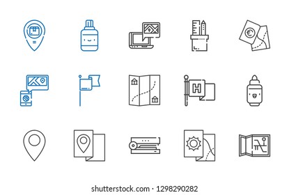 marker icons set. Collection of marker with map, stapler, pin, flag, pencil case, gps, correction fluid, placeholder. Editable and scalable marker icons.