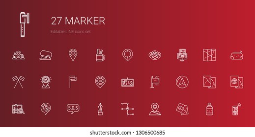 marker icons set. Collection of marker with map, placeholder, pen, sos, navigator, flags, flag, gps, navigation, correction fluid, pencil case. Editable and scalable marker icons.