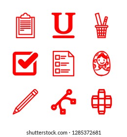 marker icons set with underlined text, inclined pencil with eraser and stationery vector set